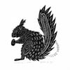 Original lino cut print Red Squirrel (black)