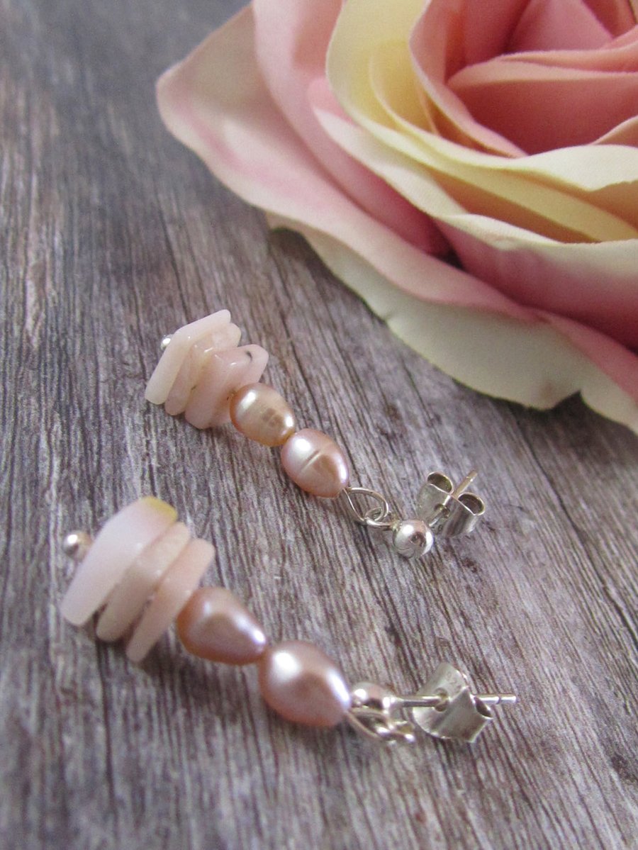 Pink Opal Pearl Silver Earrings
