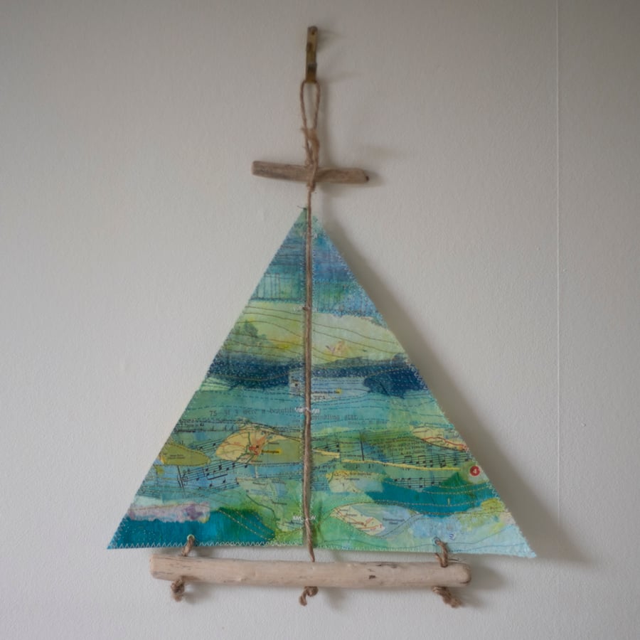 Collaged Map Stitched Driftwood Boat Hanging Decoration 