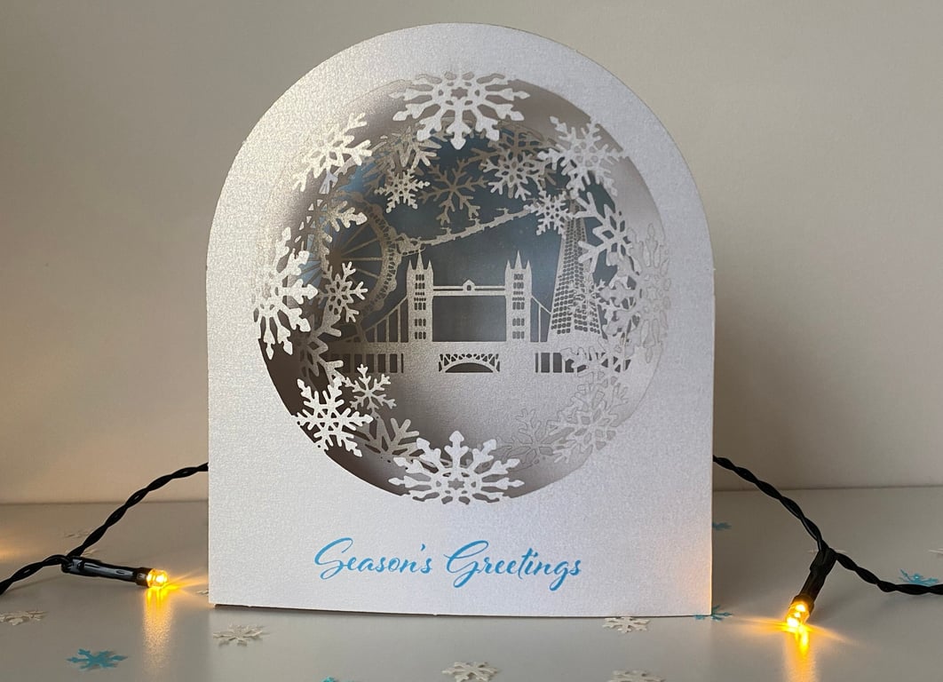 3D pop-up snow globe London skyline Christmas card
