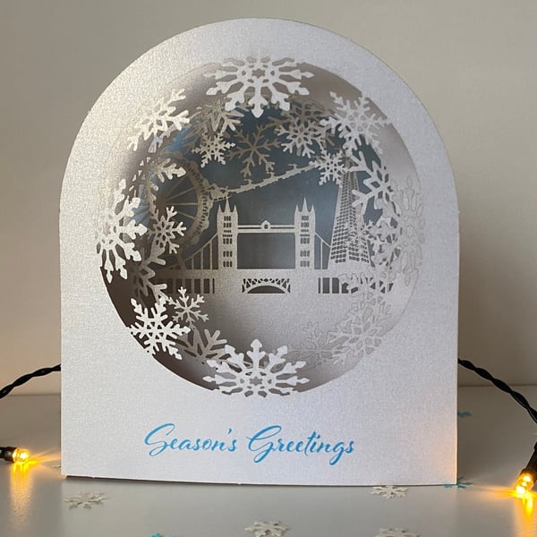 3D pop-up snow globe London skyline Christmas card