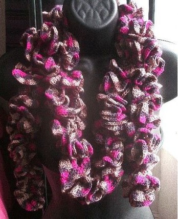 Handmade crochet ruffle scarf in purple and pink, 