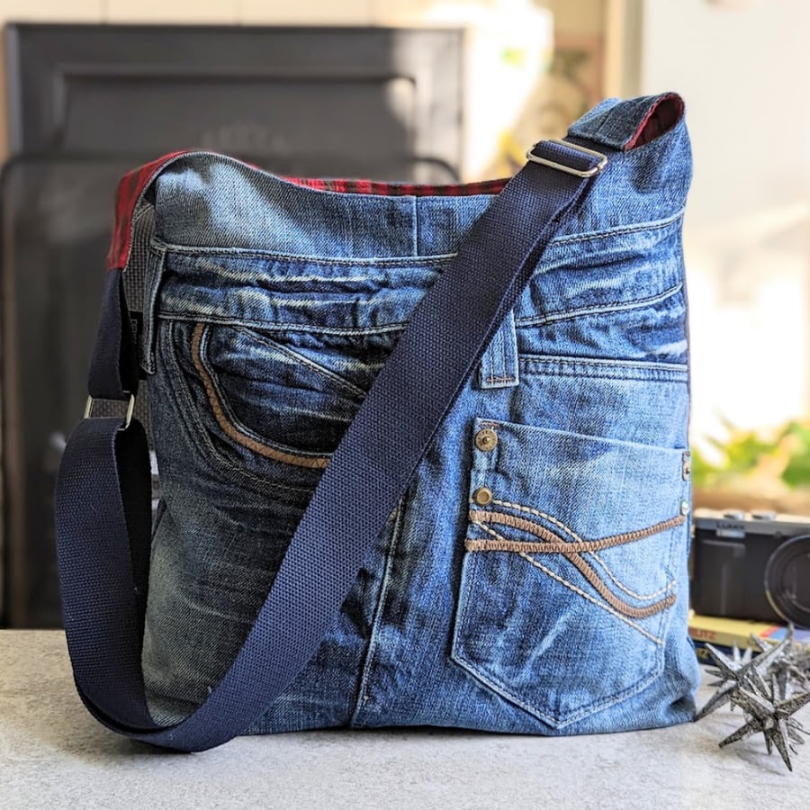 Denim Bag - Cross Body Jeans bag with Red and Green Lining and Navy Strap