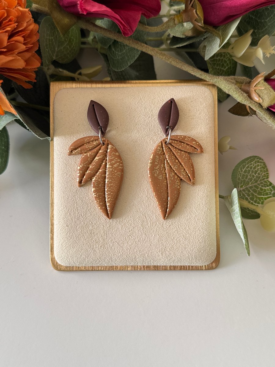 Taupe & Gold Autumn Leaf Earrings - Helen
