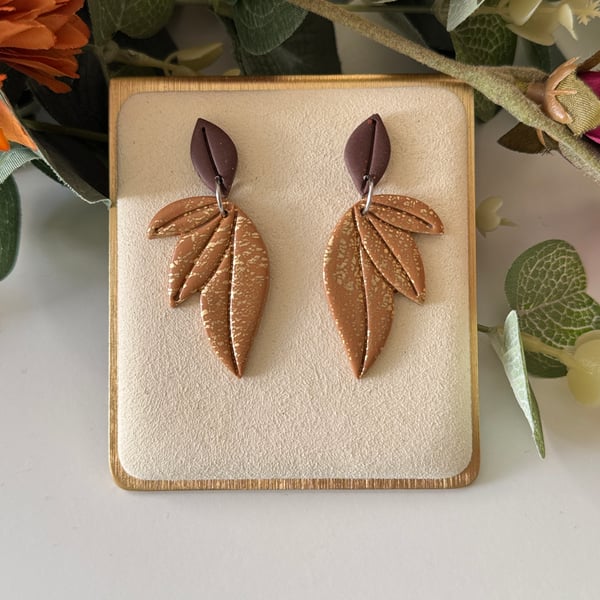 Taupe & Gold Autumn Leaf Earrings - Helen