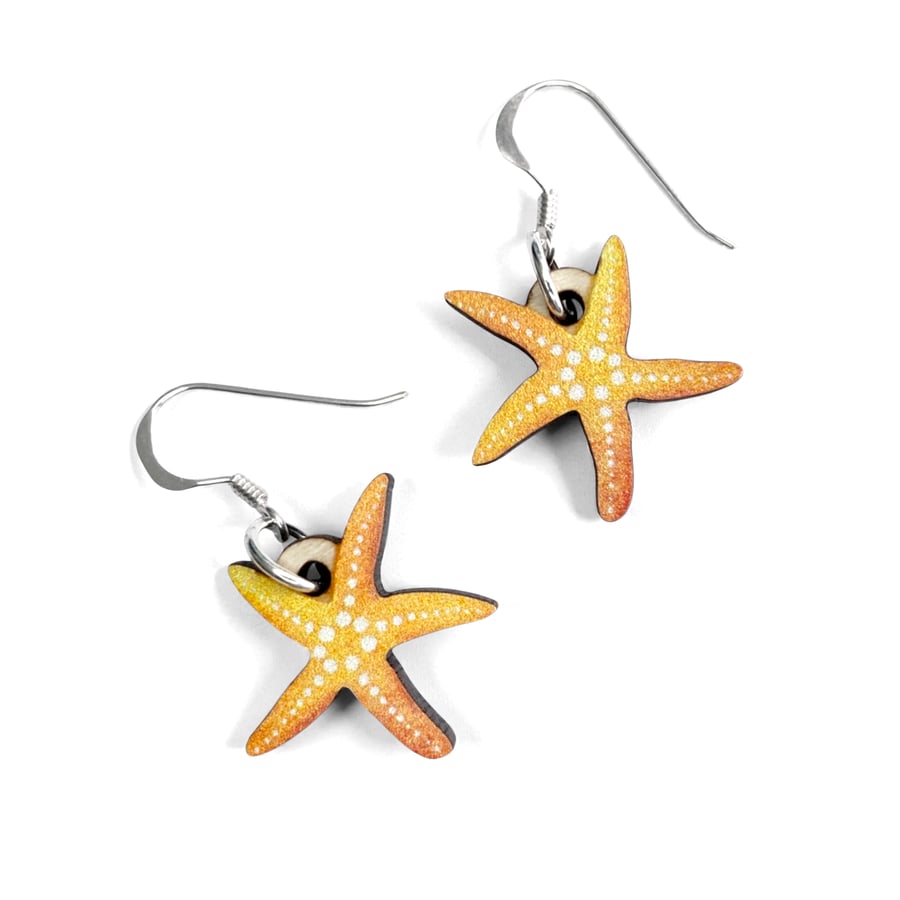 Starfish Earrings. Handmade Dangly Wooden and Sterling Silver Seaside Jewellery.