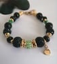 Gold, green & black beaded bracelet, heart charm,  - Image 3