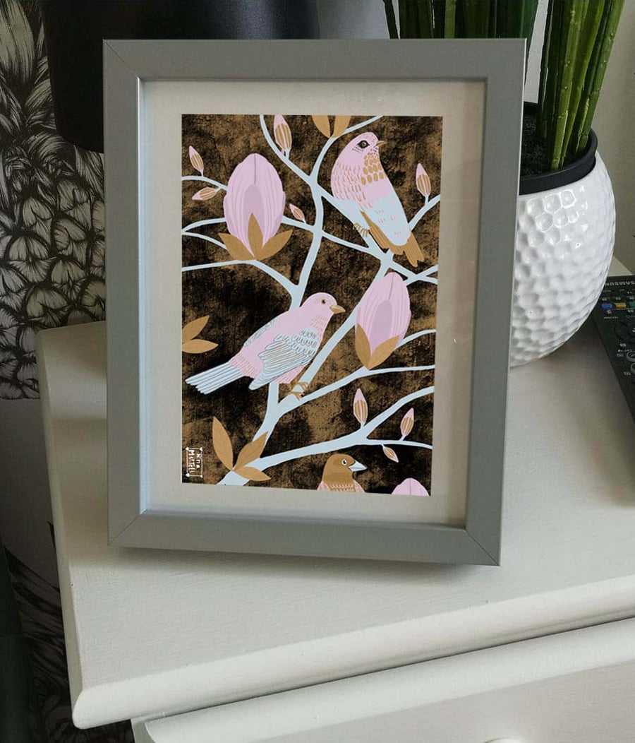 Magnolia Tree with Birds. A4 Print by Nina Martell.