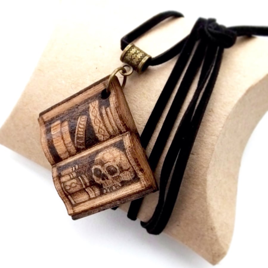 Book Shaped Bookshelf for Bookworms Hand Burned Pyrography Pendant Necklace 