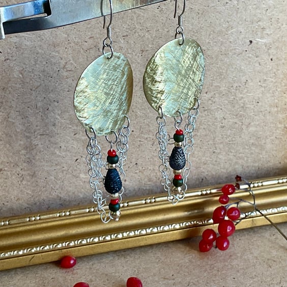 Textured brass & colourful beads dangly earrings