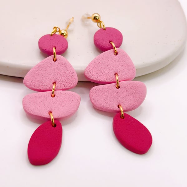 Long Pink Polymer Clay Earrings, Modern Geometric Dangles on Gold Studs