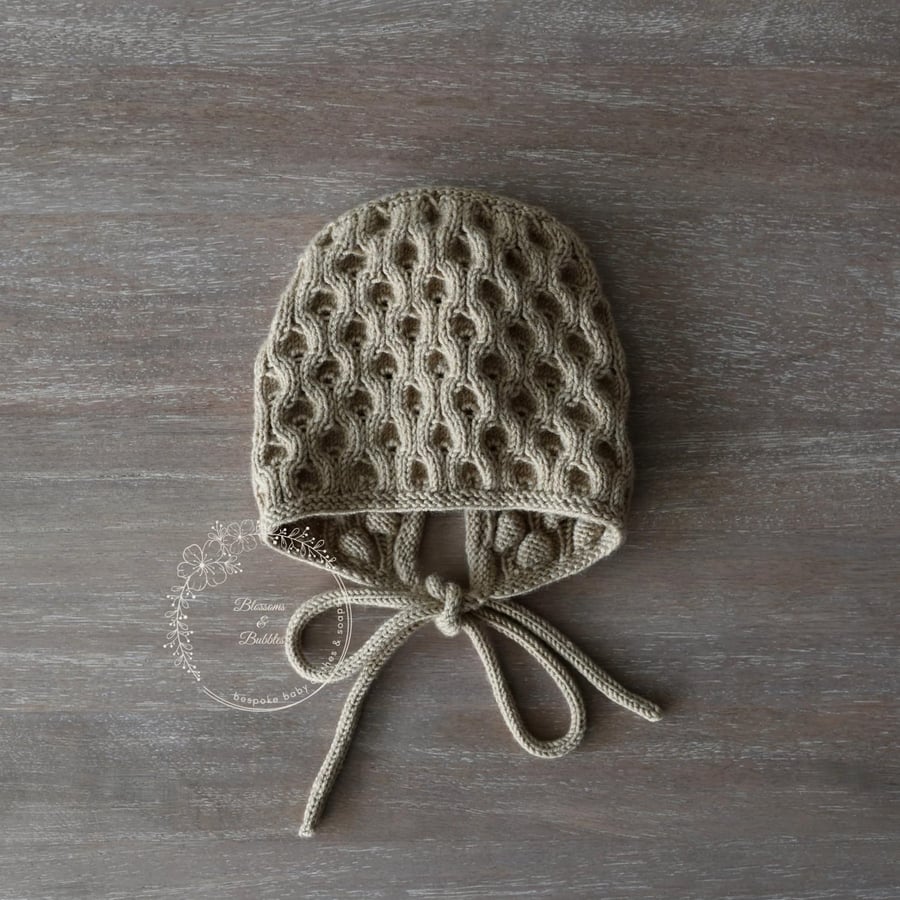 Hand Knitted Baby Bonnet in Camel, Wool & Cashmere, 12–18 Months