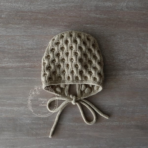 Hand Knitted Baby Bonnet in Camel, Wool & Cashmere, 12–18 Months