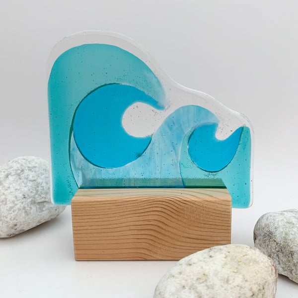 Fused Glass Wave on Wood - Handmade Glass Sculpture