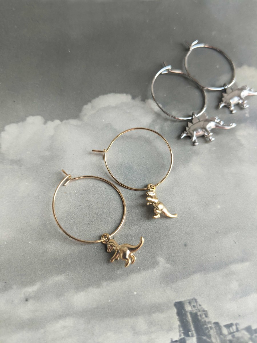 Petite Gold T-Rex charm earrings - little dinosaurs - hoops - nickel free 