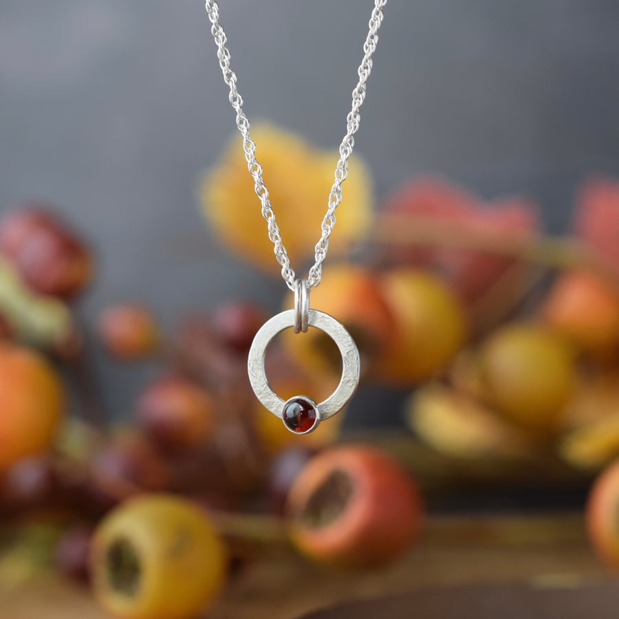 Red Garnet Gemstone Sterling Silver Circle Necklace