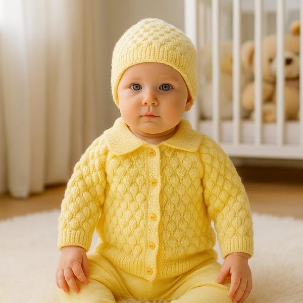 Baby Cardigan and Hat Set, Lemon Knit, 9 - 18 Months, Newborn Gift