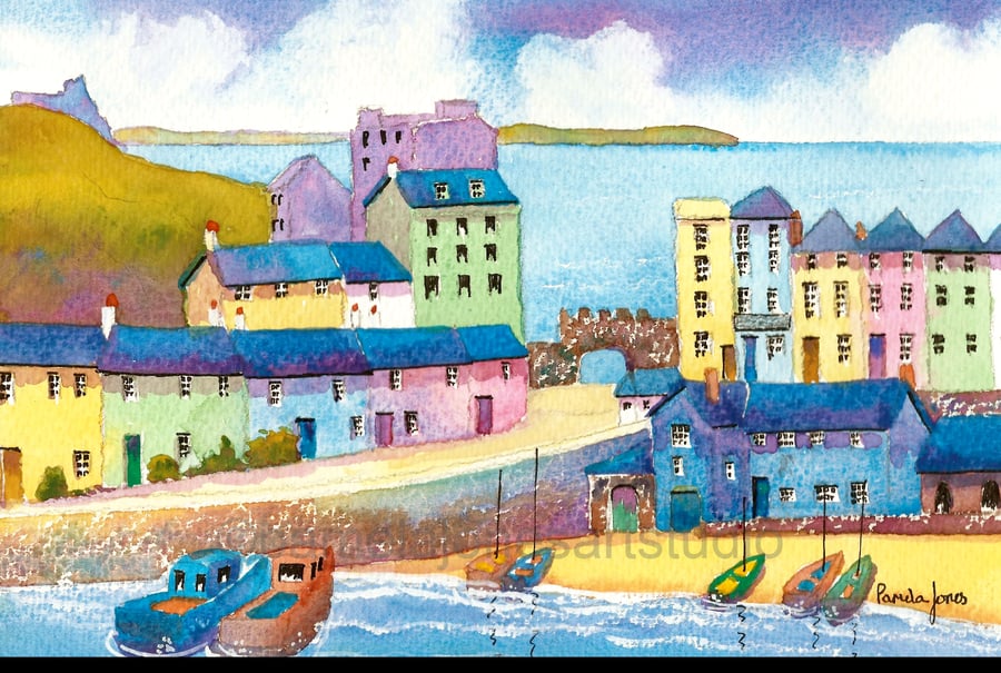 Tenby Harbour, Pembrokeshire, wales, Watercolour Print, in 8 x 6 '' mount