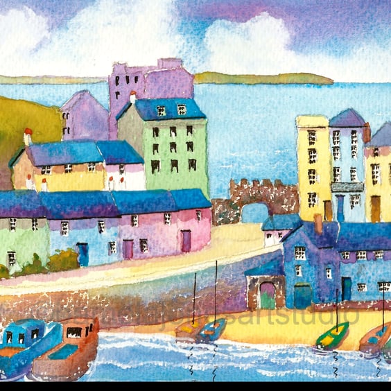 Tenby Harbour, Pembrokeshire, wales, Watercolour Print, in 8 x 6 '' mount