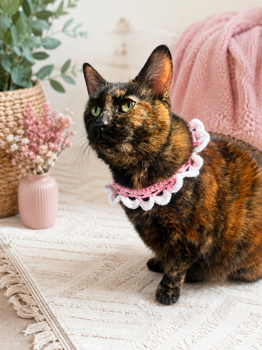 Pink & White Crochet Cat Collar - Handmade Lace Ruffle Pet Collar 