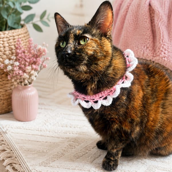 Pink & White Crochet Cat Collar - Handmade Lace Ruffle Pet Collar 