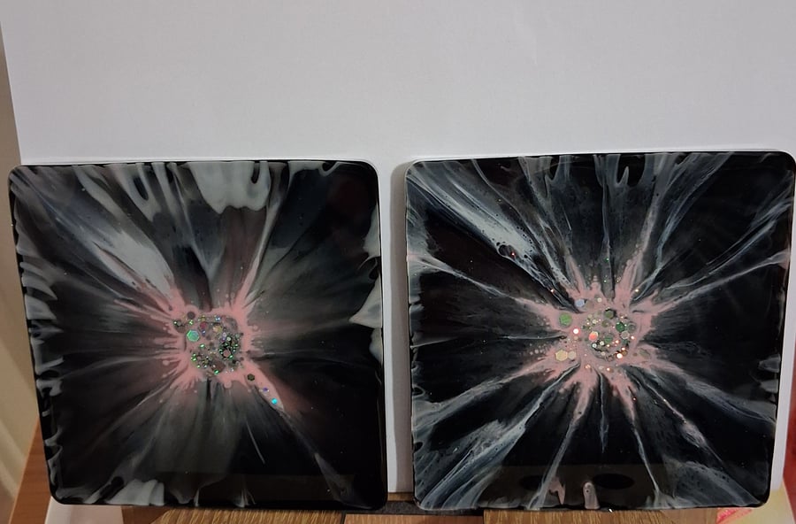Set of two handmade epoxy resin square coaster. Black, grey, pink 