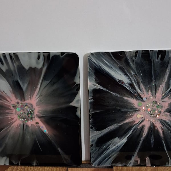 Set of two handmade epoxy resin square coaster. Black, grey, pink 