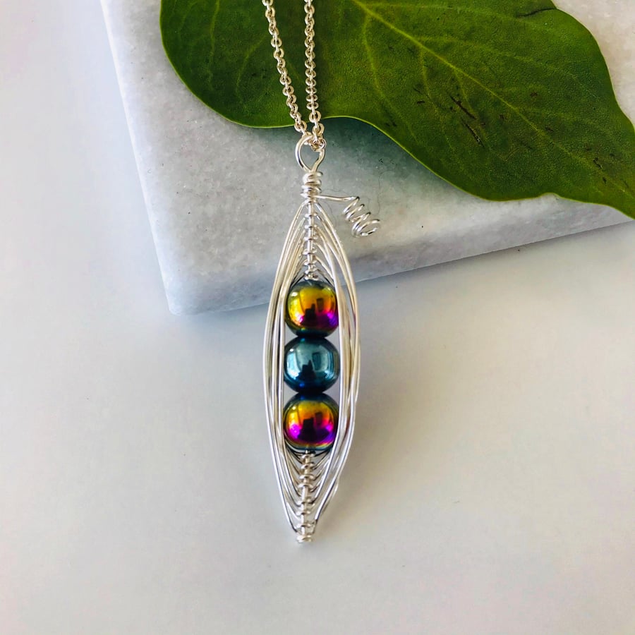 Handmade rainbow pea pod pendant necklace 