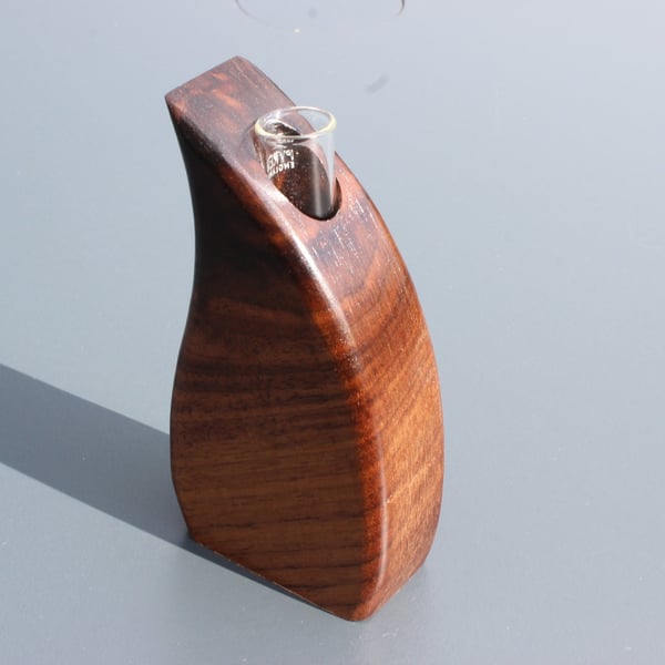 Handcrafted Walnut Wood Sculptural Vase with Glass Liner