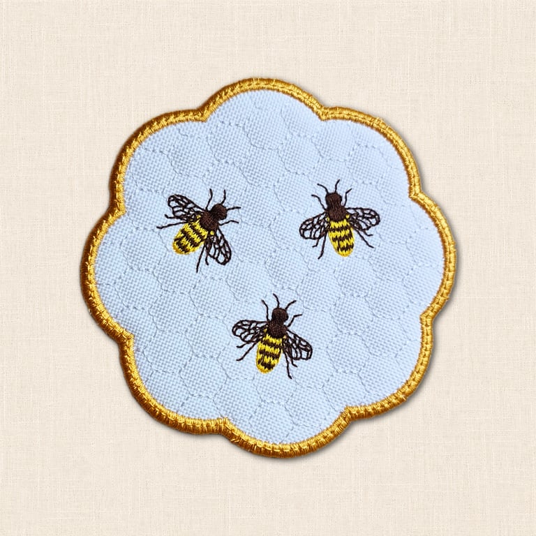 Honey Bee Candle Coaster - Embroidered Botanical Home Decor