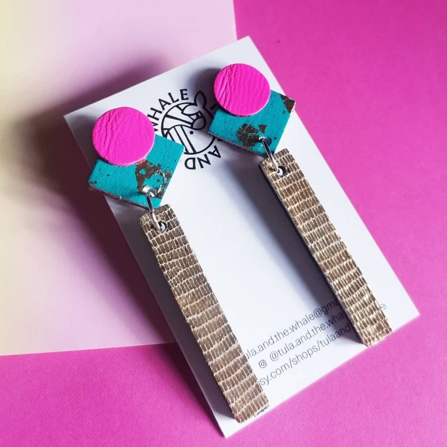 Statement Stud Drop Bar Earrings - Hot Pink, Turquoise & Gold Leaf