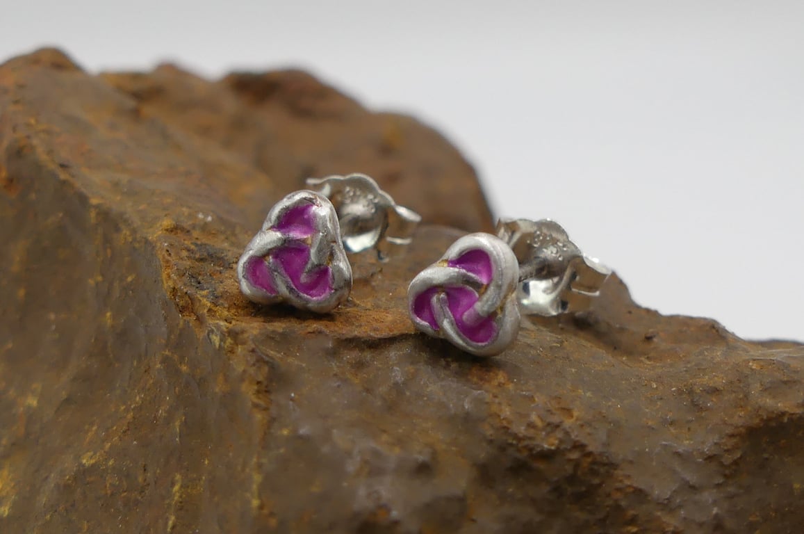 Recycled Sterling Silver Trinity Knot Stud Earrings with a Pink Patina.