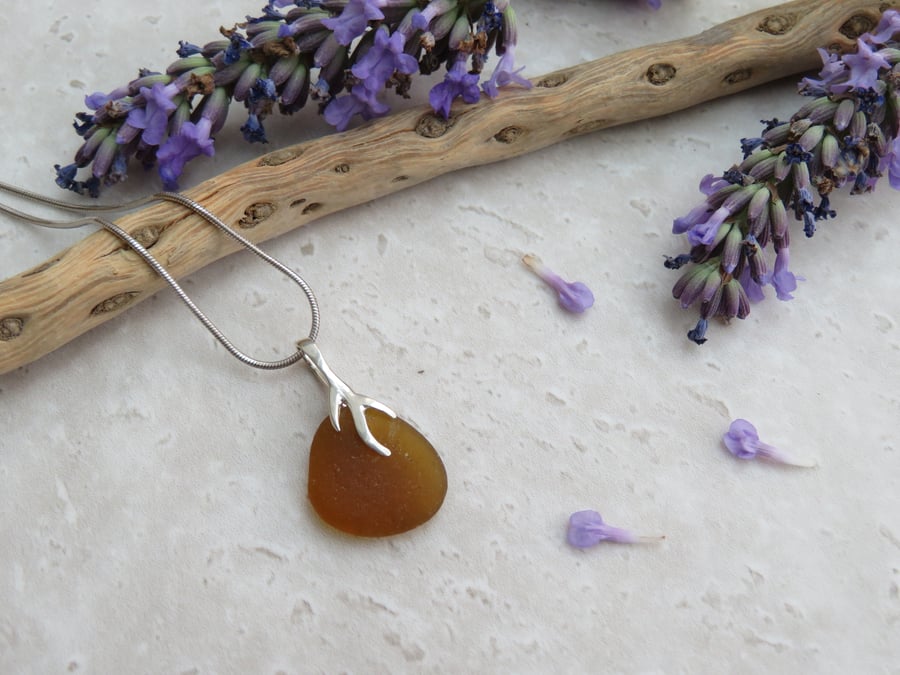 Natural Brown Sea Glass with Silver Bail Necklace