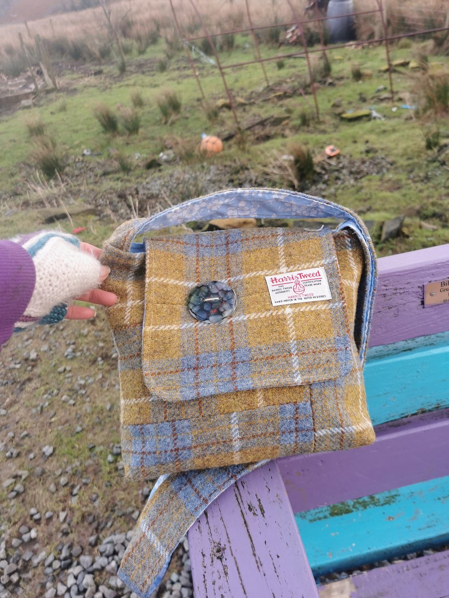 Harris Tweed patchwork crossbody bag with handmade button 