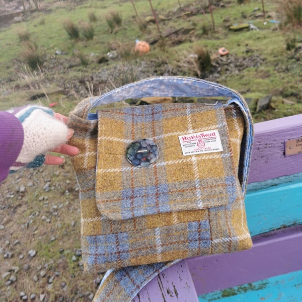 Harris Tweed patchwork crossbody bag with handmade button 