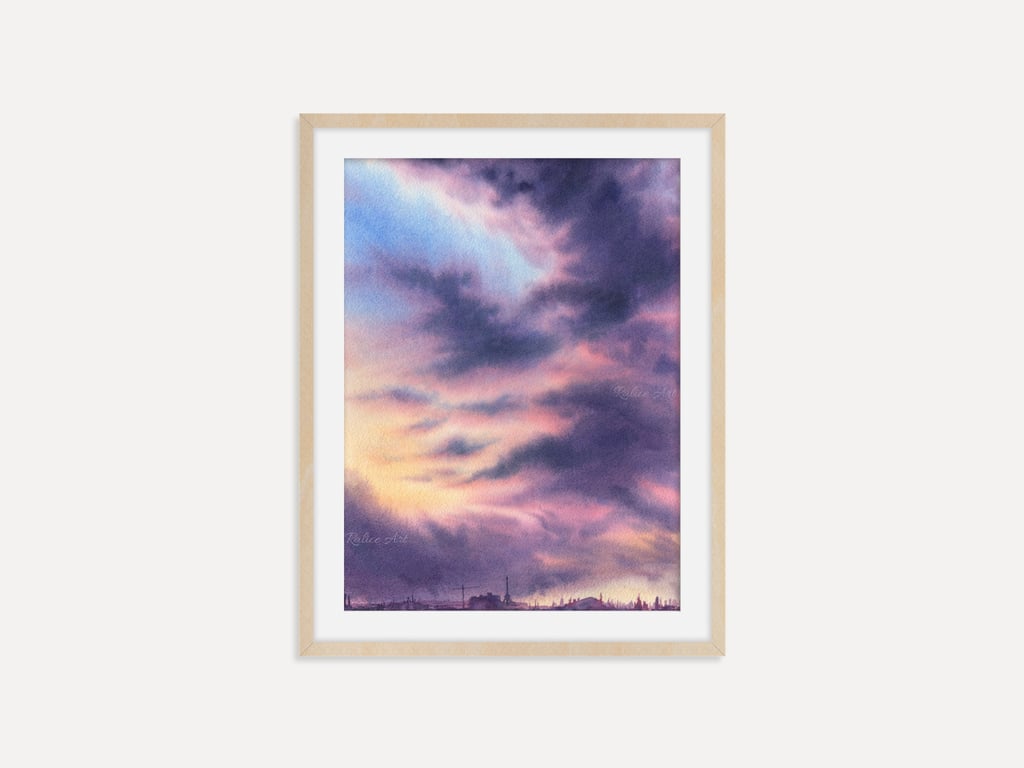 Large Purple Clouds Wall Art Print, Dreamy Cloudy Sky Painting for Bedroom