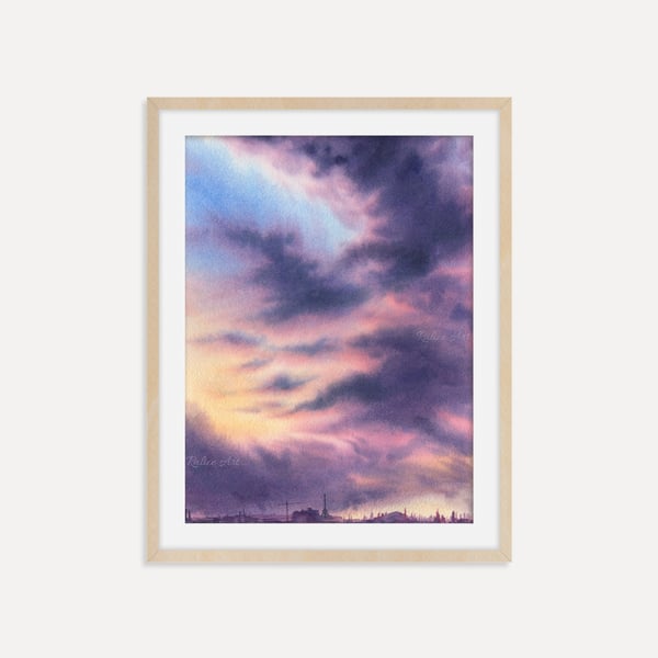Large Purple Clouds Wall Art Print, Dreamy Cloudy Sky Painting for Bedroom