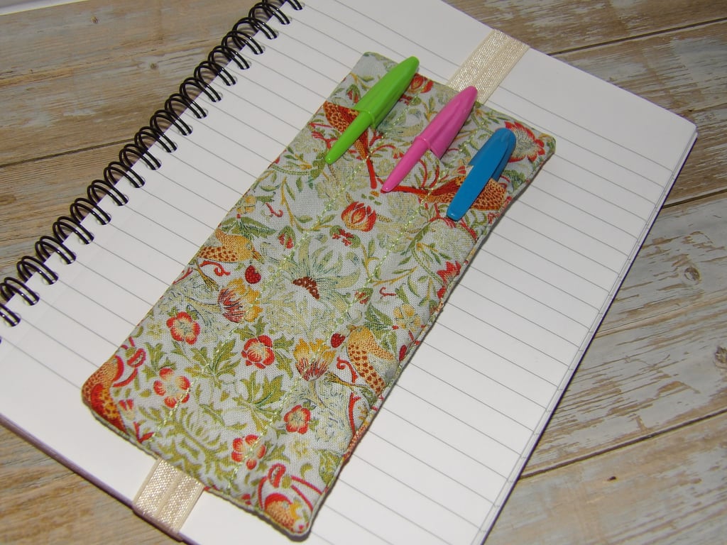 William Morris fabric pen holder bookmark elasticated A5 notebook size 