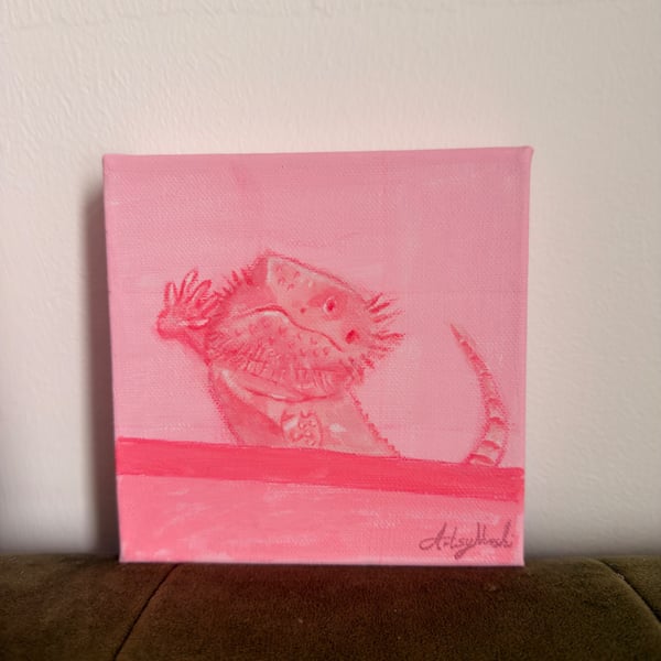 Pink Bearded Dragon Acrylic Painting with Gems on 6"x6" Chunky Box Canvas