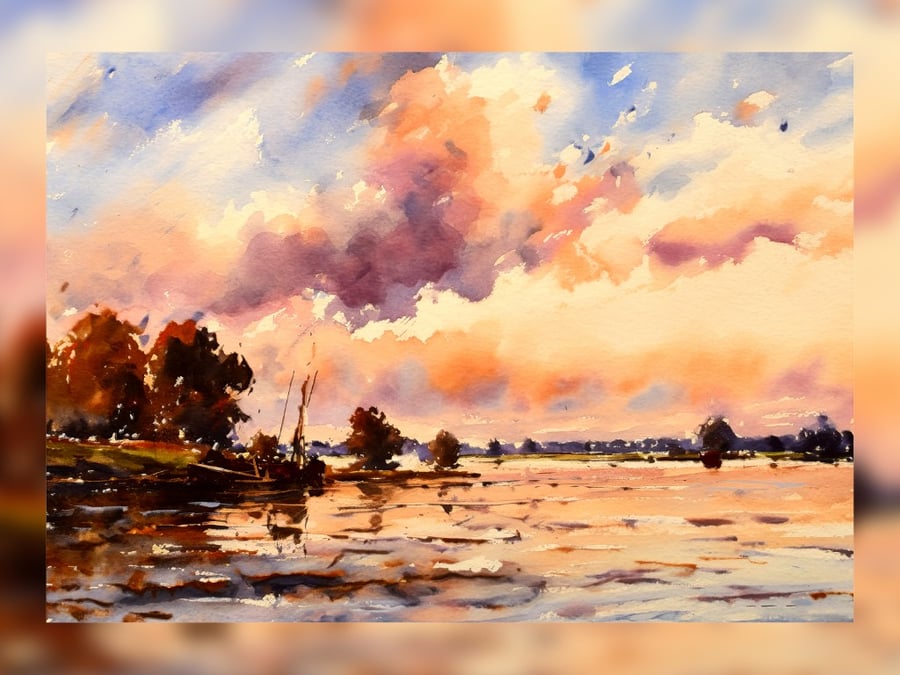 Sunset Reflection on Water Watercolor 5"x7" Matte Print
