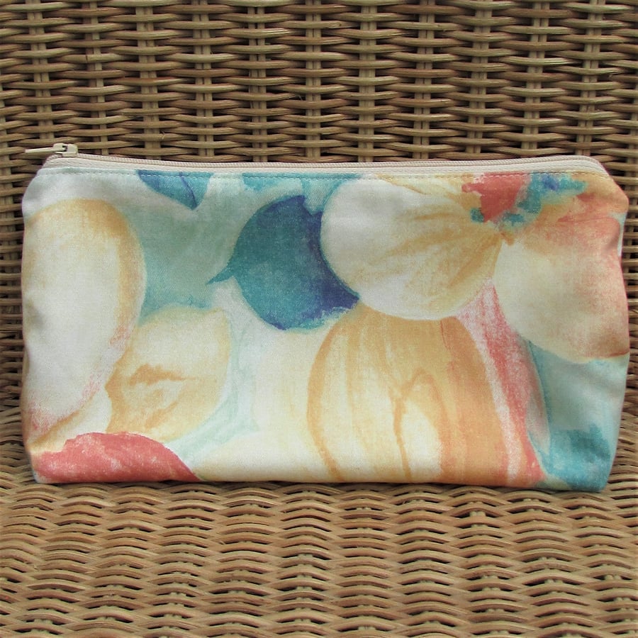 Cosmetic bag, make up bag - Large flowers in orange and turquoise