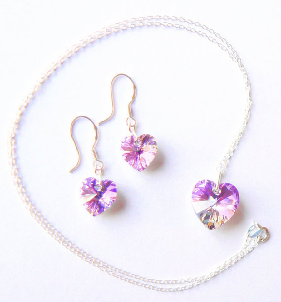 Lilac AB Swarovski Crystal Heart Pendant and Earrings Set
