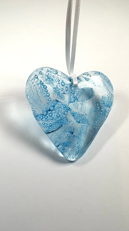 Blue bubbles fused glass  hanging heart