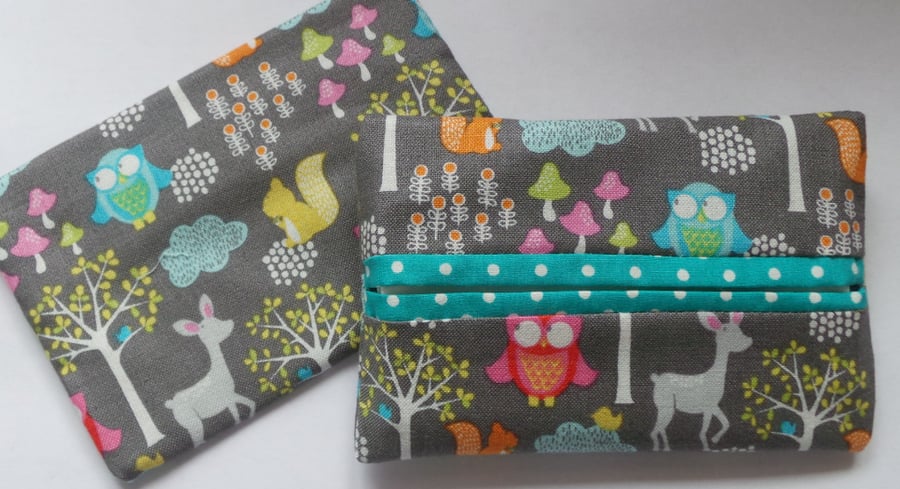 Pocket Tissue Holder Grey Woodland hand made fabric