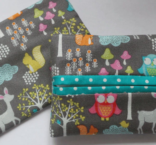 Pocket Tissue Holder Grey Woodland hand made fabric