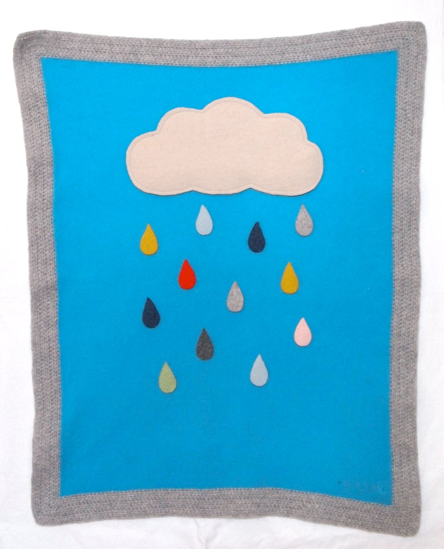 Knitted British Lambswool Cloud And Rain Blanket With Grey Crochet Border