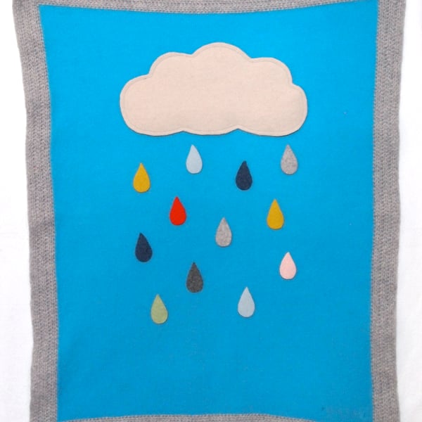 Knitted British Lambswool Cloud And Rain Blanket With Grey Crochet Border