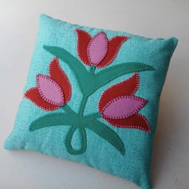 Tulip mini cushion - art deco style appliqued and embroidered felt motif
