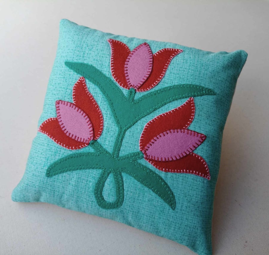 Tulip mini cushion - art deco style appliqued and embroidered felt motif