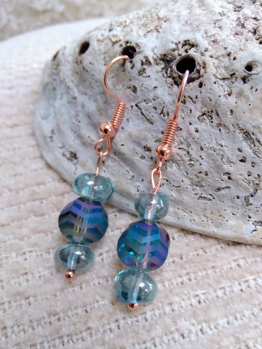 Stunning peacock faceted Czech glass and small dark sapphire beaded EARRINGS